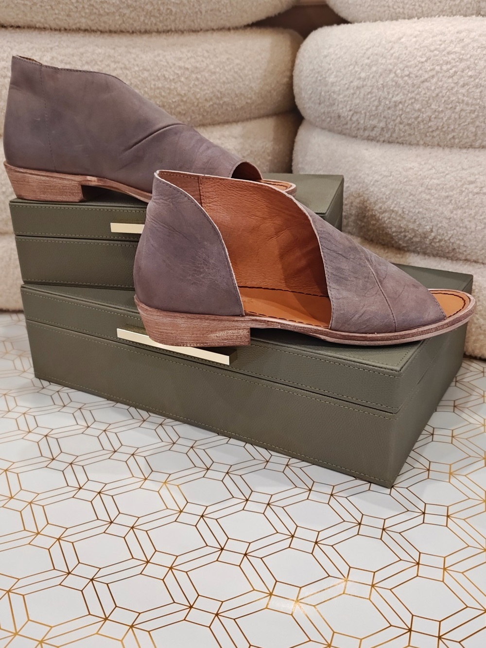 Free People Open-Side Leather Flats in Taupe Gray